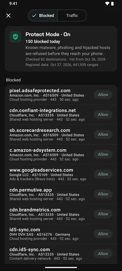 The Protect Mode screen, listing each destination it refused with the reason, the organisation behind the address, its AS number and its country.